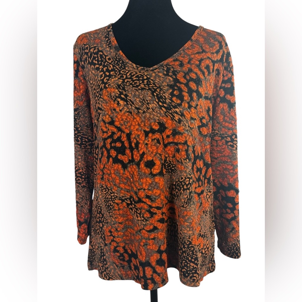 Peter Nygard Orange and Black Slinky Animal-Print Long Sleeve V-Neck Top Size M